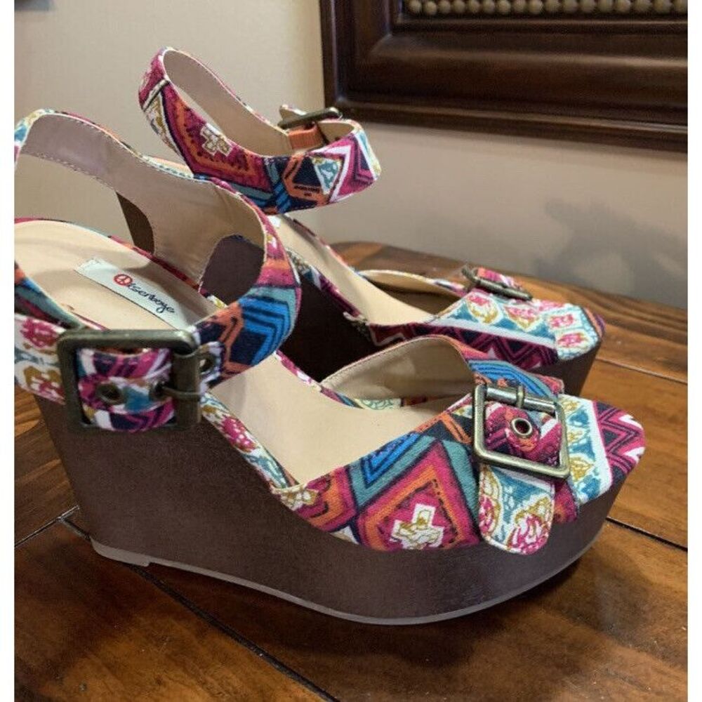 Platform Sandals Multicolor Olsenboye Aztec Buckle Strap Wedge 7.5 M
